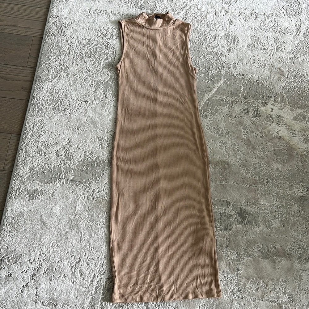 Beige fitted ribbed stretchy mock neck dress